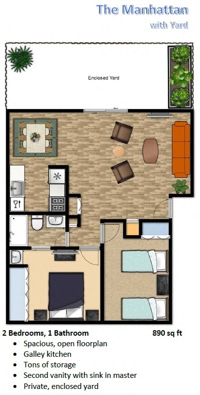 Floor plan for 2 beds, 1 bath, 890 sqft